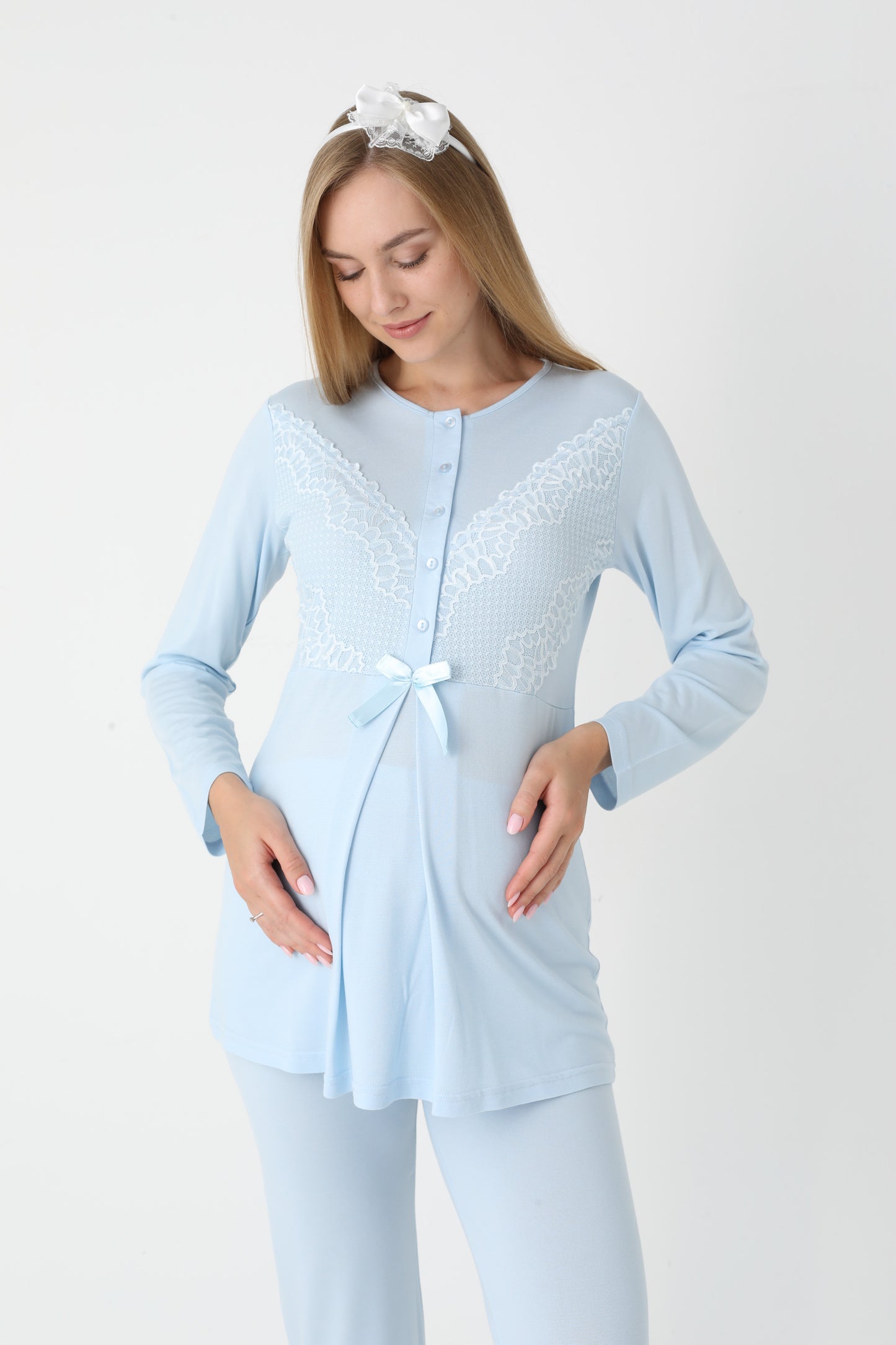 3’Lü Pijama Takımı - Dantel Kol Sabahlıklı Dantel Detay Lohusa Hamile Takım - 3443