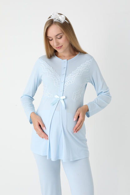 3’Lü Pijama Takımı - Dantel Kol Sabahlıklı Dantel Detay Lohusa Hamile Takım - 3443