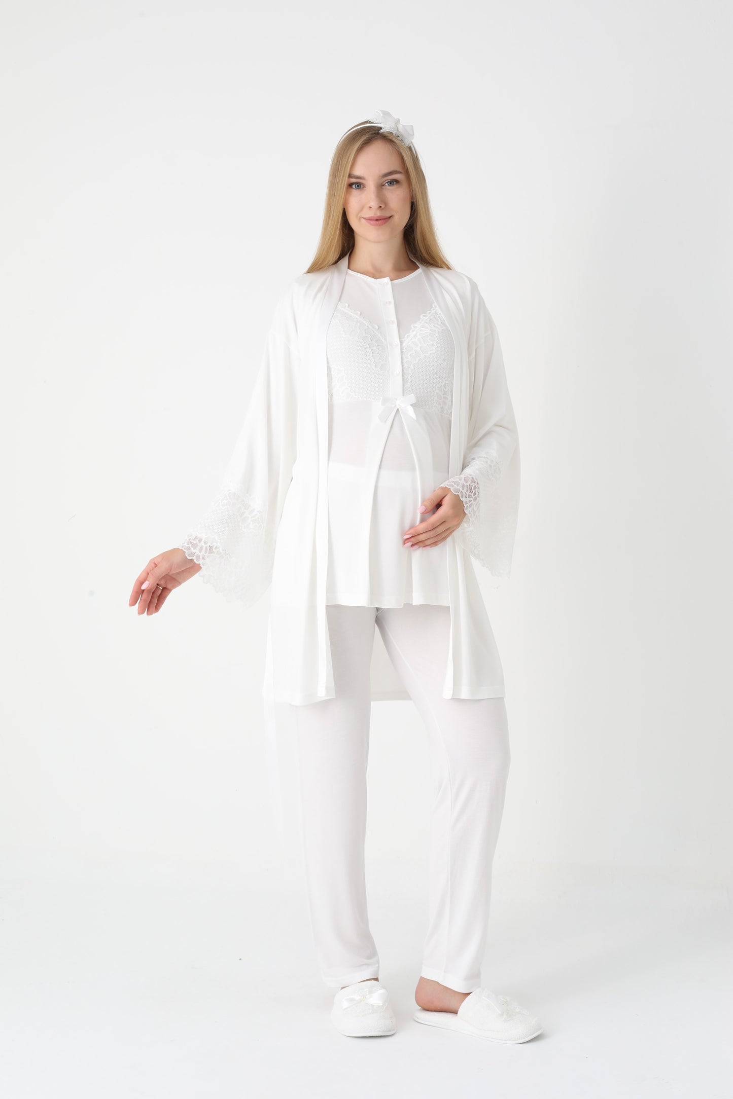 3’Lü Pijama Takımı - Dantel Kol Sabahlıklı Dantel Detay Lohusa Hamile Takım - 3443