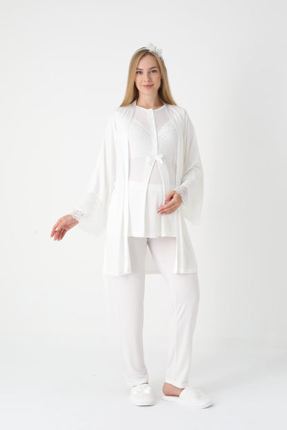 3’Lü Pijama Takımı - Dantel Kol Sabahlıklı Dantel Detay Lohusa Hamile Takım - 3443