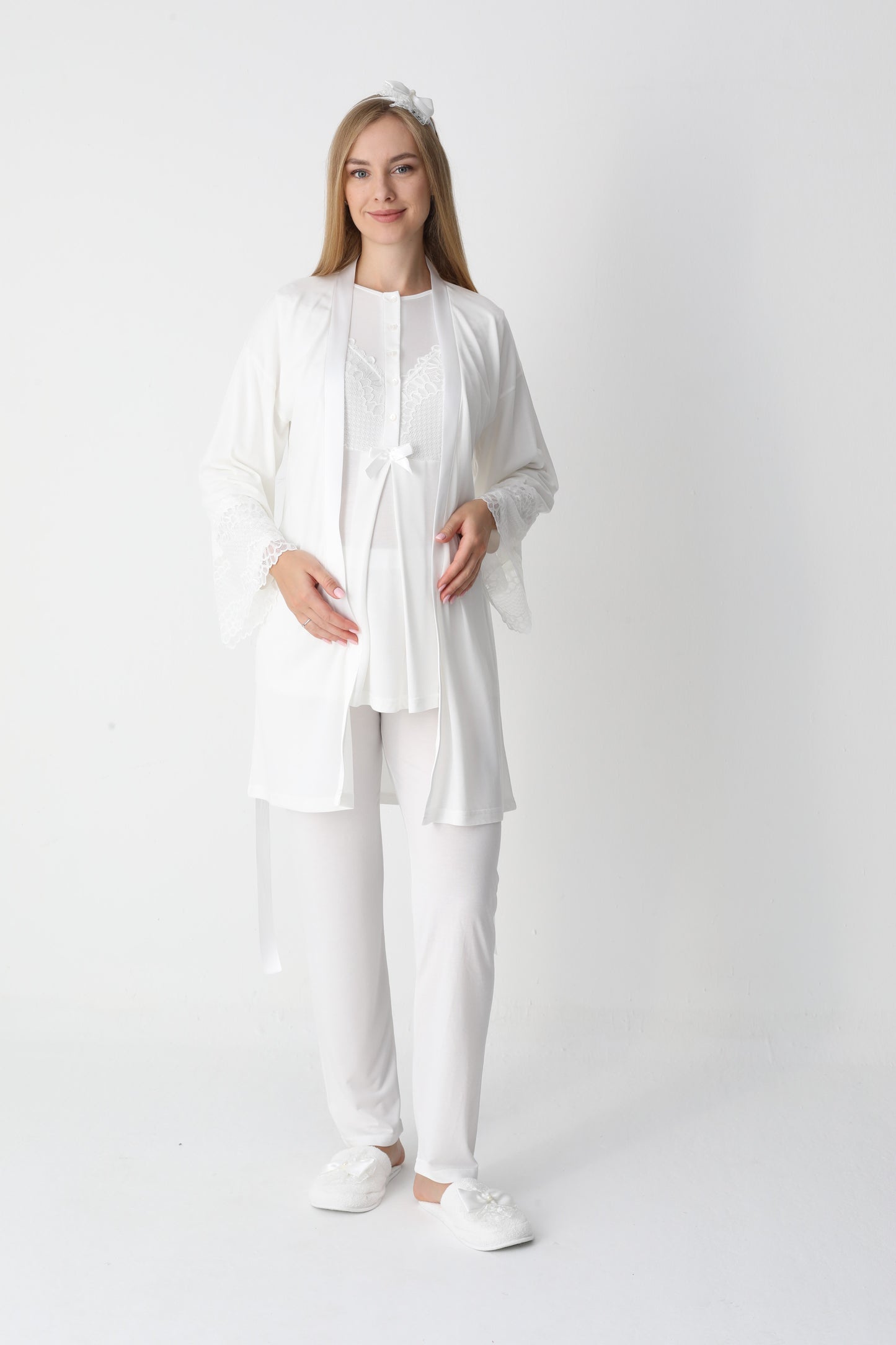 3’Lü Pijama Takımı - Dantel Kol Sabahlıklı Dantel Detay Lohusa Hamile Takım - 3443