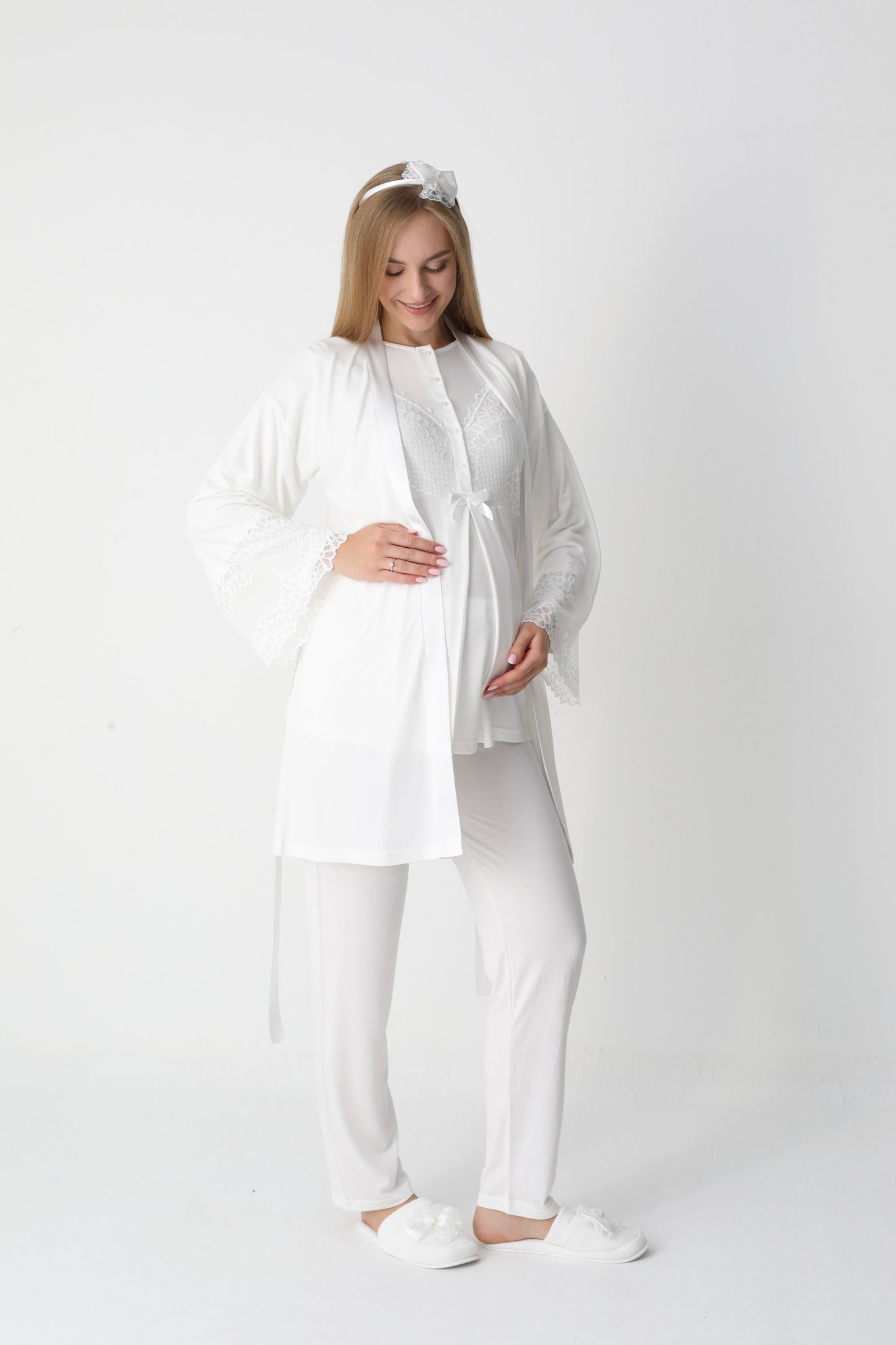 3’Lü Pijama Takımı - Dantel Kol Sabahlıklı Dantel Detay Lohusa Hamile Takım - 3443