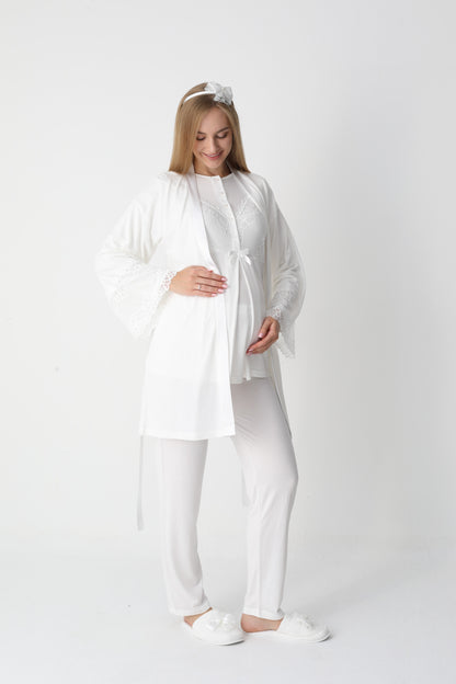 3’Lü Pijama Takımı - Dantel Kol Sabahlıklı Dantel Detay Lohusa Hamile Takım - 3443