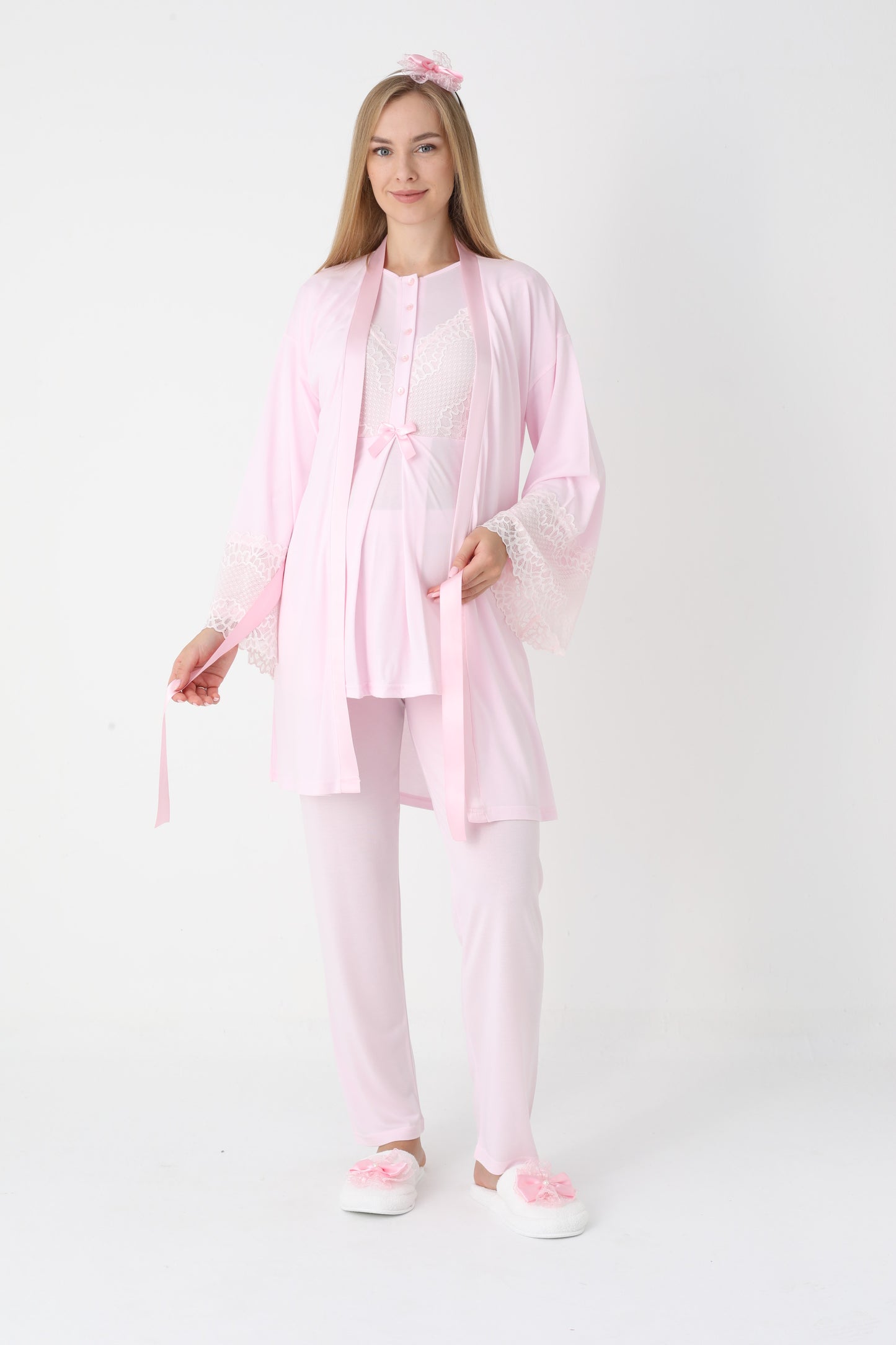 3’Lü Pijama Takımı - Dantel Kol Sabahlıklı Dantel Detay Lohusa Hamile Takım - 3443