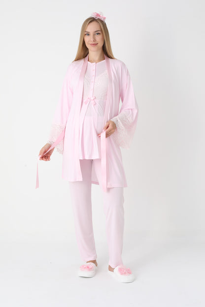 3’Lü Pijama Takımı - Dantel Kol Sabahlıklı Dantel Detay Lohusa Hamile Takım - 3443