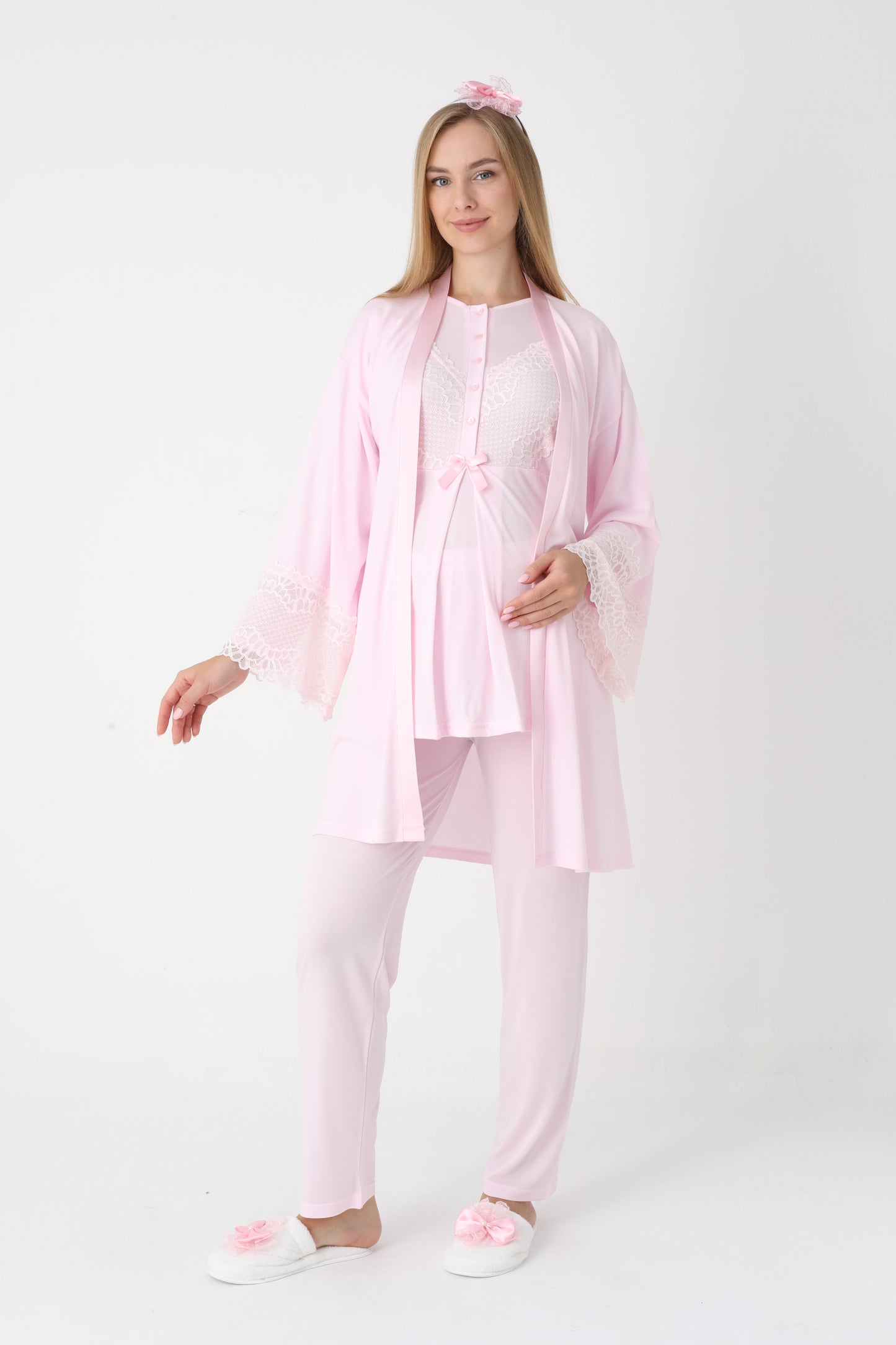 3’Lü Pijama Takımı - Dantel Kol Sabahlıklı Dantel Detay Lohusa Hamile Takım - 3443