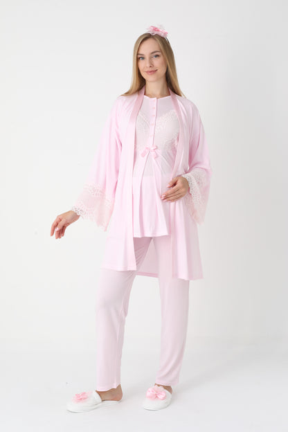 3’Lü Pijama Takımı - Dantel Kol Sabahlıklı Dantel Detay Lohusa Hamile Takım - 3443