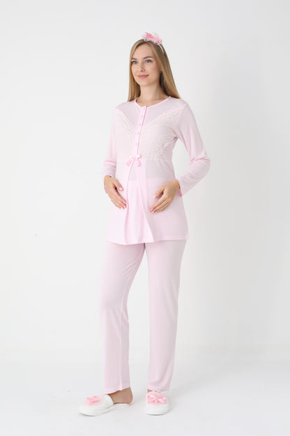 3’Lü Pijama Takımı - Dantel Kol Sabahlıklı Dantel Detay Lohusa Hamile Takım - 3443