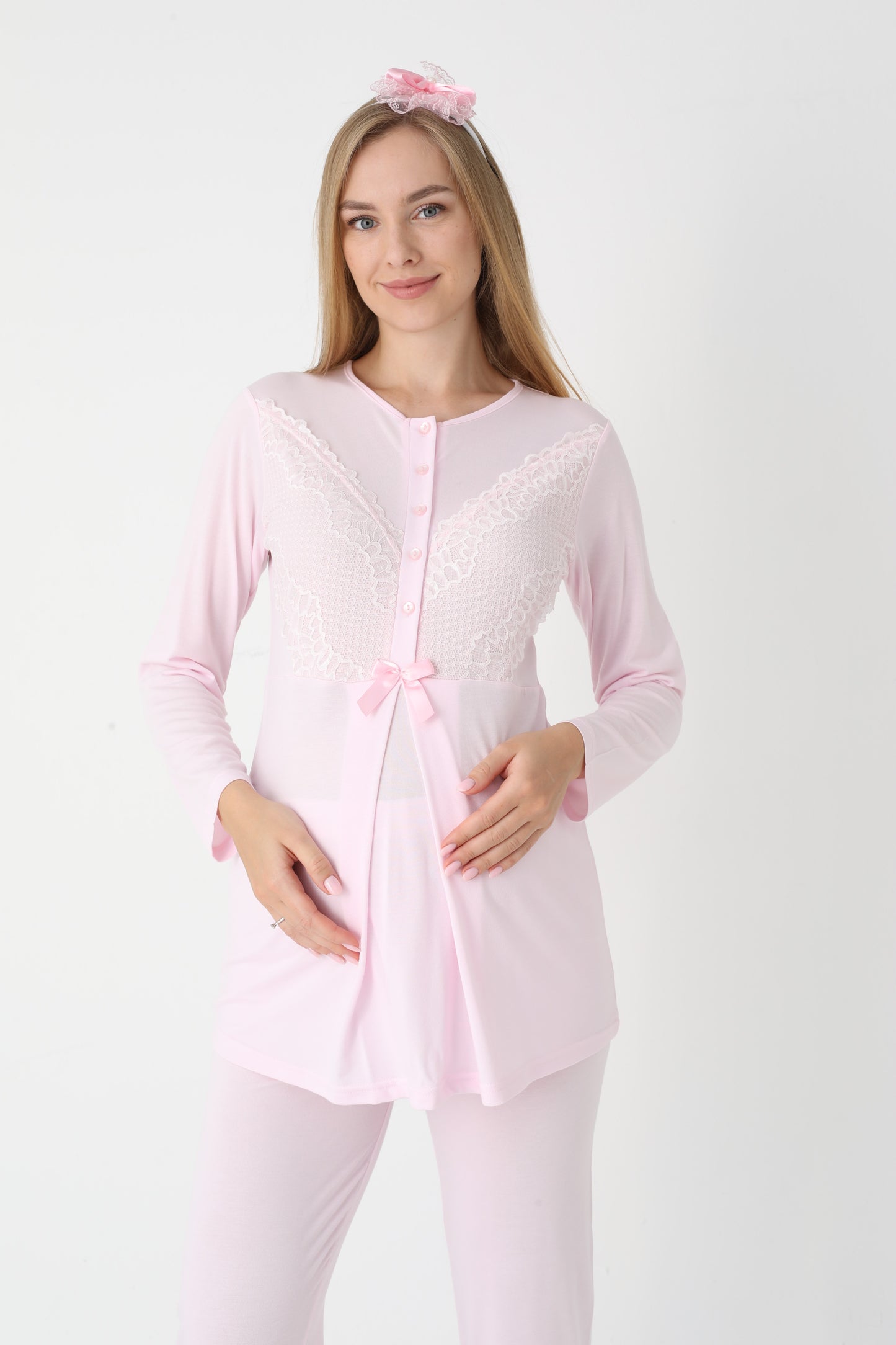 3’Lü Pijama Takımı - Dantel Kol Sabahlıklı Dantel Detay Lohusa Hamile Takım - 3443