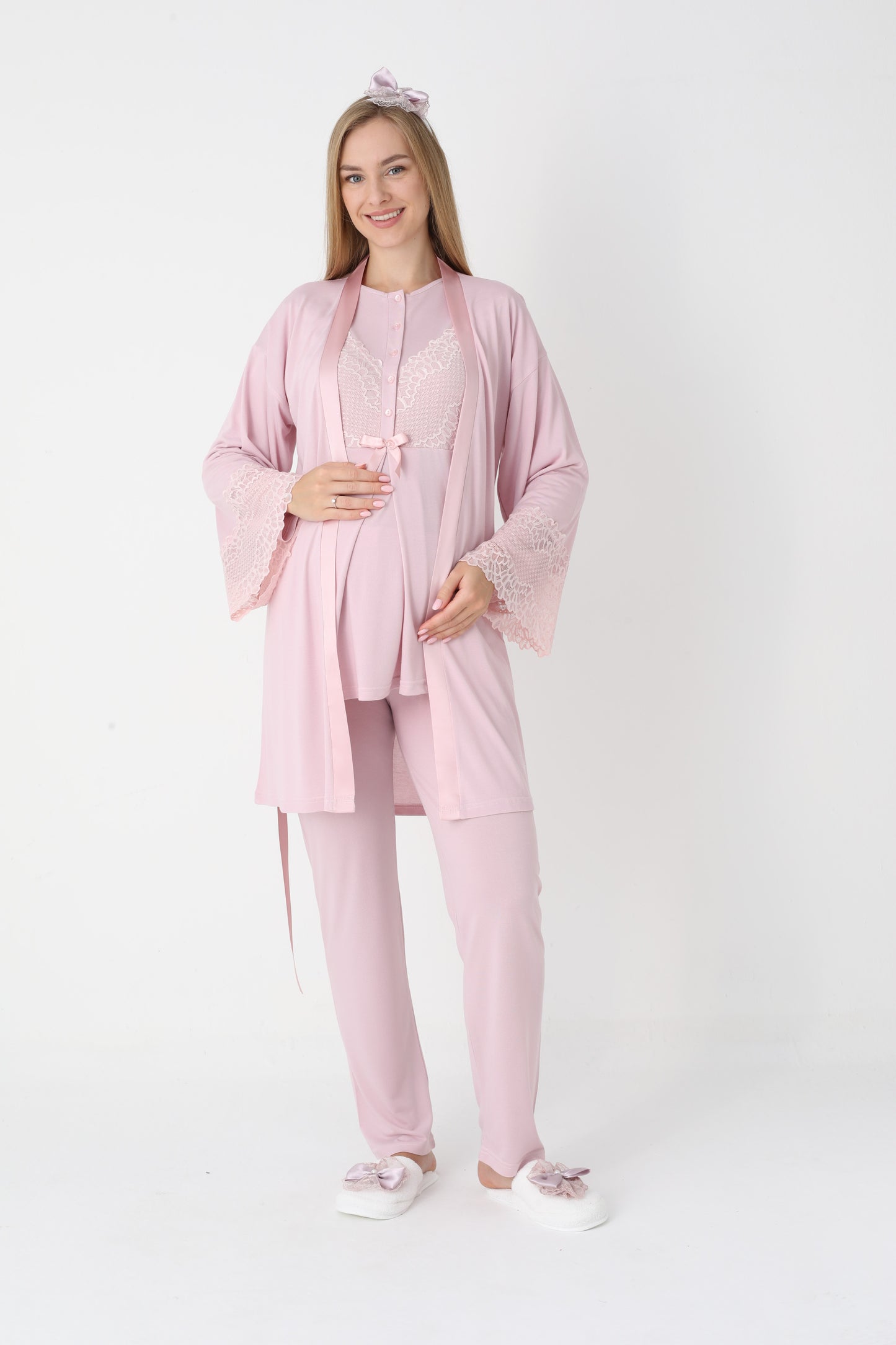 3’Lü Pijama Takımı - Dantel Kol Sabahlıklı Dantel Detay Lohusa Hamile Takım - 3443