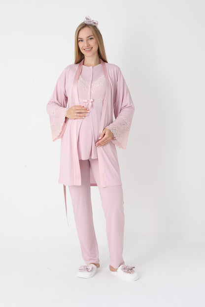 3’Lü Pijama Takımı - Dantel Kol Sabahlıklı Dantel Detay Lohusa Hamile Takım - 3443