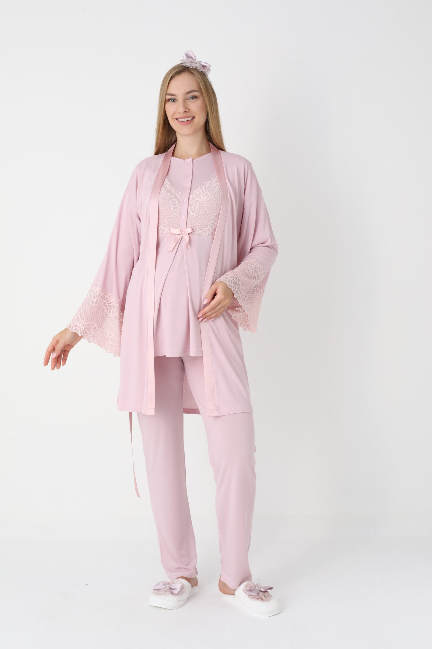 3’Lü Pijama Takımı - Dantel Kol Sabahlıklı Dantel Detay Lohusa Hamile Takım - 3443