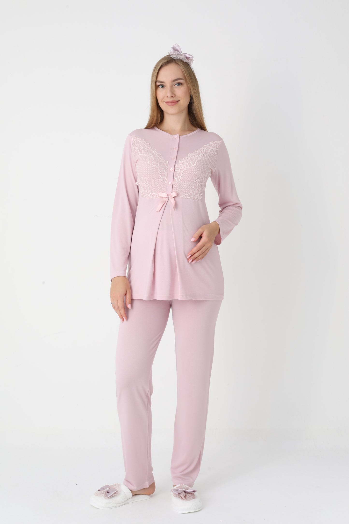 3’Lü Pijama Takımı - Dantel Kol Sabahlıklı Dantel Detay Lohusa Hamile Takım - 3443