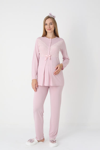 3’Lü Pijama Takımı - Dantel Kol Sabahlıklı Dantel Detay Lohusa Hamile Takım - 3443