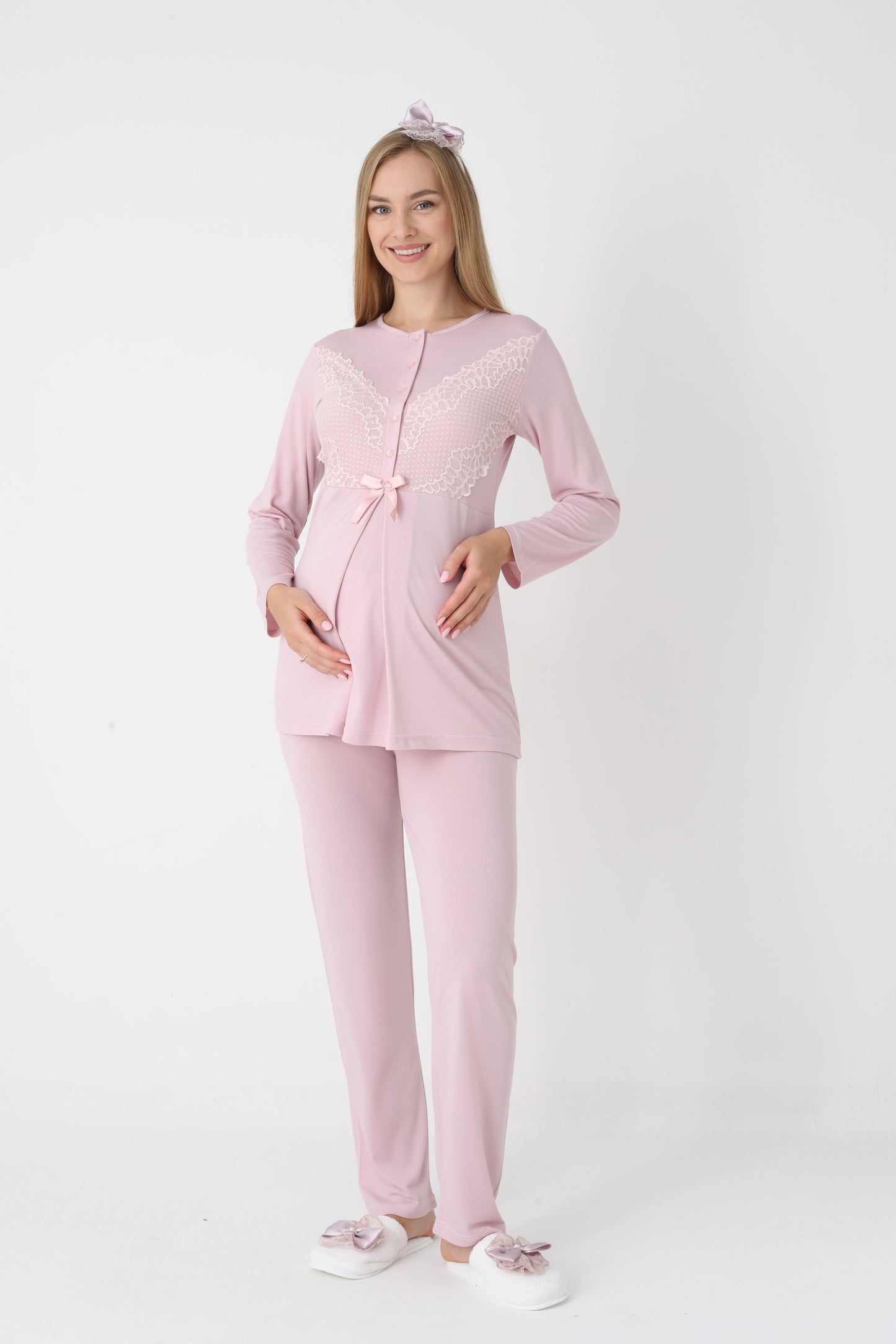 3’Lü Pijama Takımı - Dantel Kol Sabahlıklı Dantel Detay Lohusa Hamile Takım - 3443