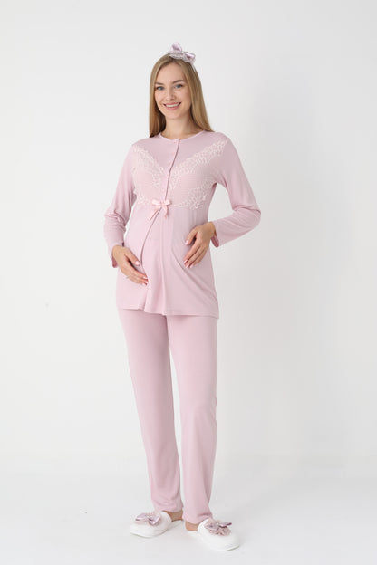 3’Lü Pijama Takımı - Dantel Kol Sabahlıklı Dantel Detay Lohusa Hamile Takım - 3443