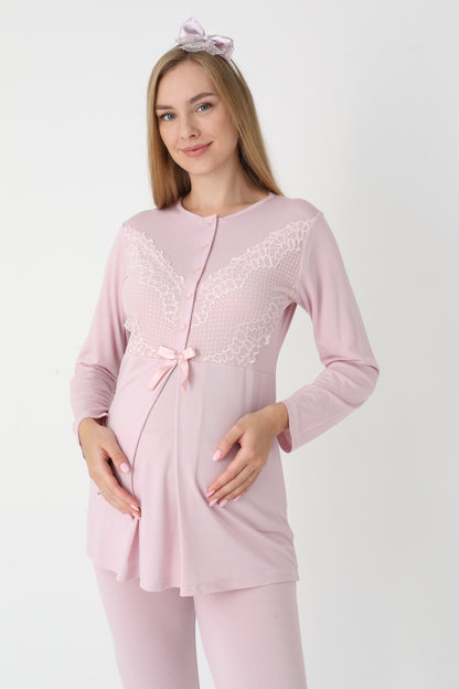 3’Lü Pijama Takımı - Dantel Kol Sabahlıklı Dantel Detay Lohusa Hamile Takım - 3443