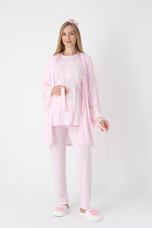 3’Lü Pijama Takımı - Dantel Kol Saten Şerit  Sabahlıklı Lohusa Hamile Takım - 3444