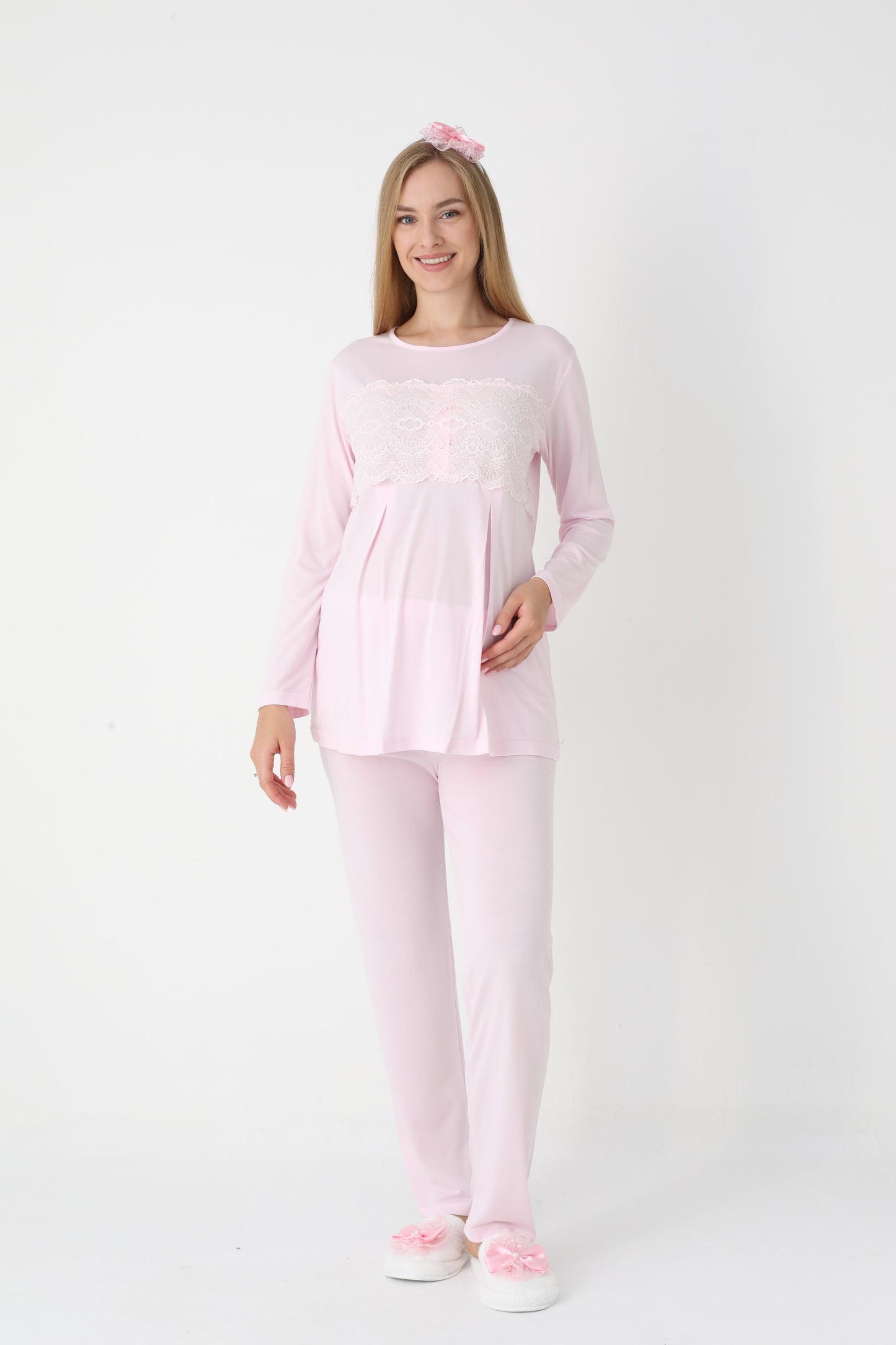 3’Lü Pijama Takımı - Dantel Kol Saten Şerit  Sabahlıklı Lohusa Hamile Takım - 3444