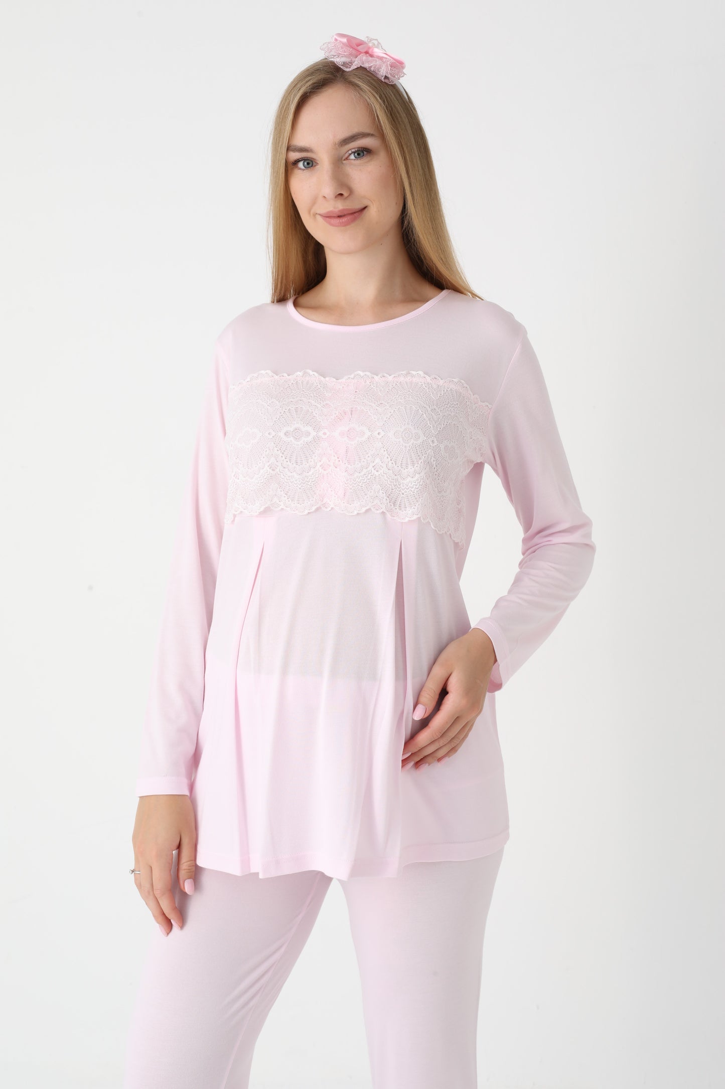 3’Lü Pijama Takımı - Dantel Kol Saten Şerit  Sabahlıklı Lohusa Hamile Takım - 3444