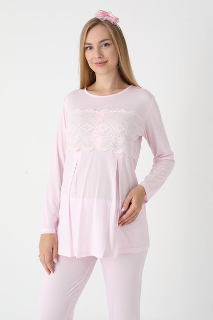 3’Lü Pijama Takımı - Dantel Kol Saten Şerit  Sabahlıklı Lohusa Hamile Takım - 3444