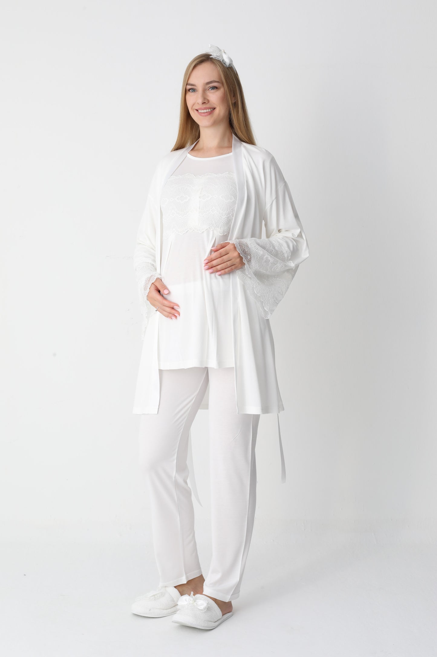 3’Lü Pijama Takımı - Dantel Kol Saten Şerit  Sabahlıklı Lohusa Hamile Takım - 3444