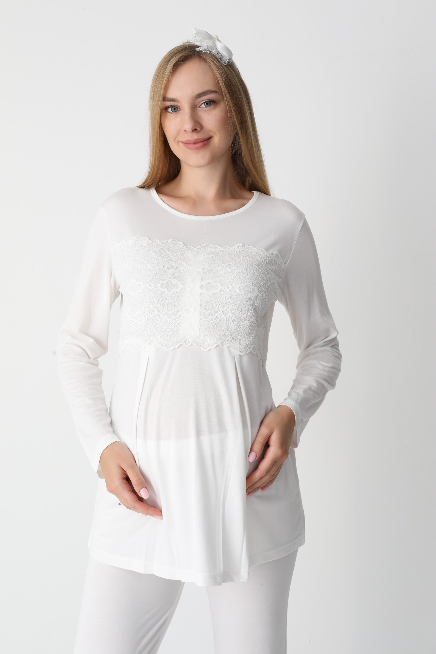 3’Lü Pijama Takımı - Dantel Kol Saten Şerit  Sabahlıklı Lohusa Hamile Takım - 3444