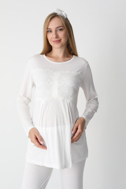 3’Lü Pijama Takımı - Dantel Kol Saten Şerit  Sabahlıklı Lohusa Hamile Takım - 3444