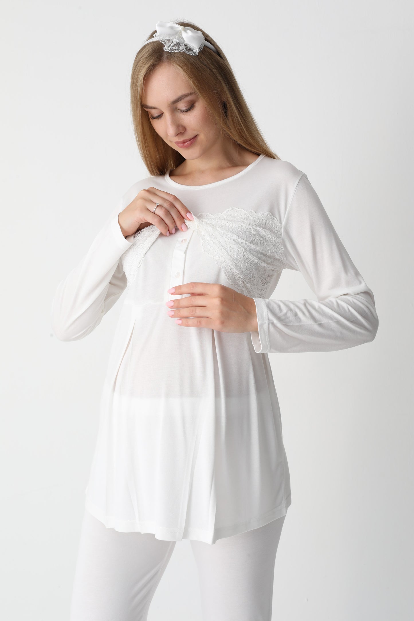 3’Lü Pijama Takımı - Dantel Kol Saten Şerit  Sabahlıklı Lohusa Hamile Takım - 3444