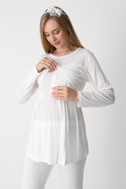 3’Lü Pijama Takımı - Dantel Kol Saten Şerit  Sabahlıklı Lohusa Hamile Takım - 3444