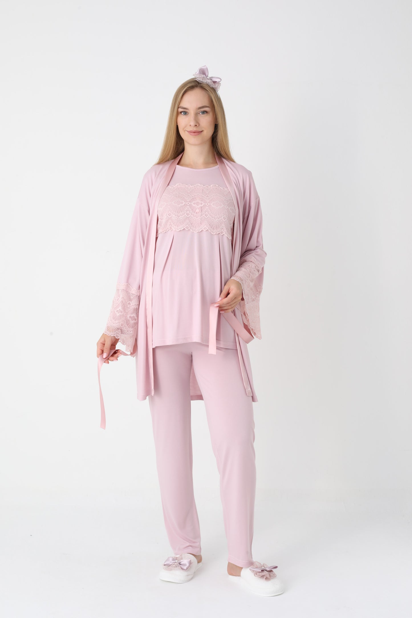 3’Lü Pijama Takımı - Dantel Kol Saten Şerit  Sabahlıklı Lohusa Hamile Takım - 3444