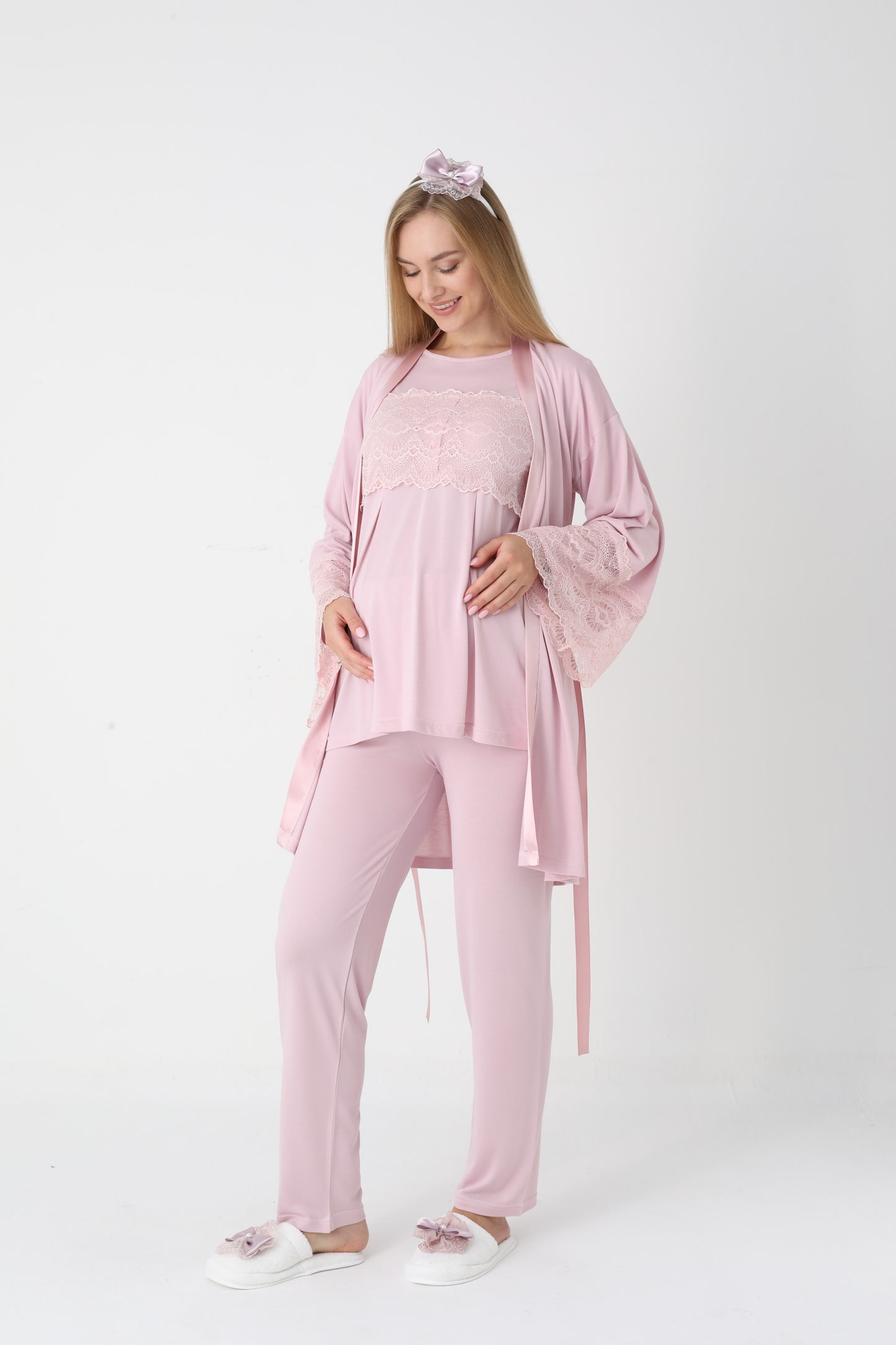 3’Lü Pijama Takımı - Dantel Kol Saten Şerit  Sabahlıklı Lohusa Hamile Takım - 3444
