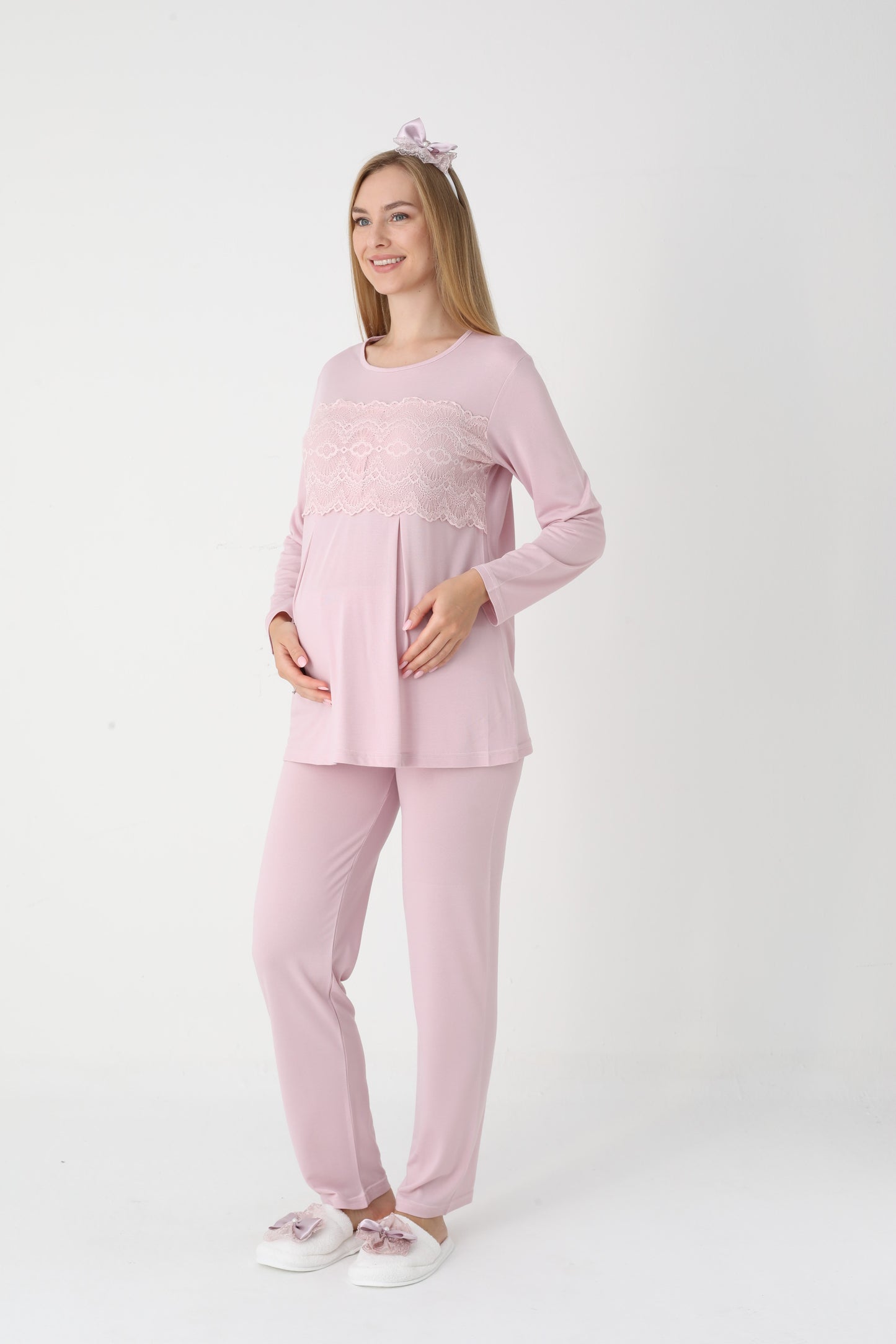 3’Lü Pijama Takımı - Dantel Kol Saten Şerit  Sabahlıklı Lohusa Hamile Takım - 3444