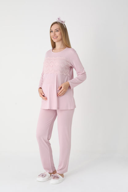 3’Lü Pijama Takımı - Dantel Kol Saten Şerit  Sabahlıklı Lohusa Hamile Takım - 3444