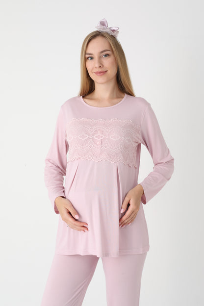 3’Lü Pijama Takımı - Dantel Kol Saten Şerit  Sabahlıklı Lohusa Hamile Takım - 3444
