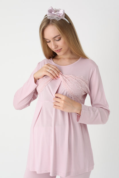 3’Lü Pijama Takımı - Dantel Kol Saten Şerit  Sabahlıklı Lohusa Hamile Takım - 3444