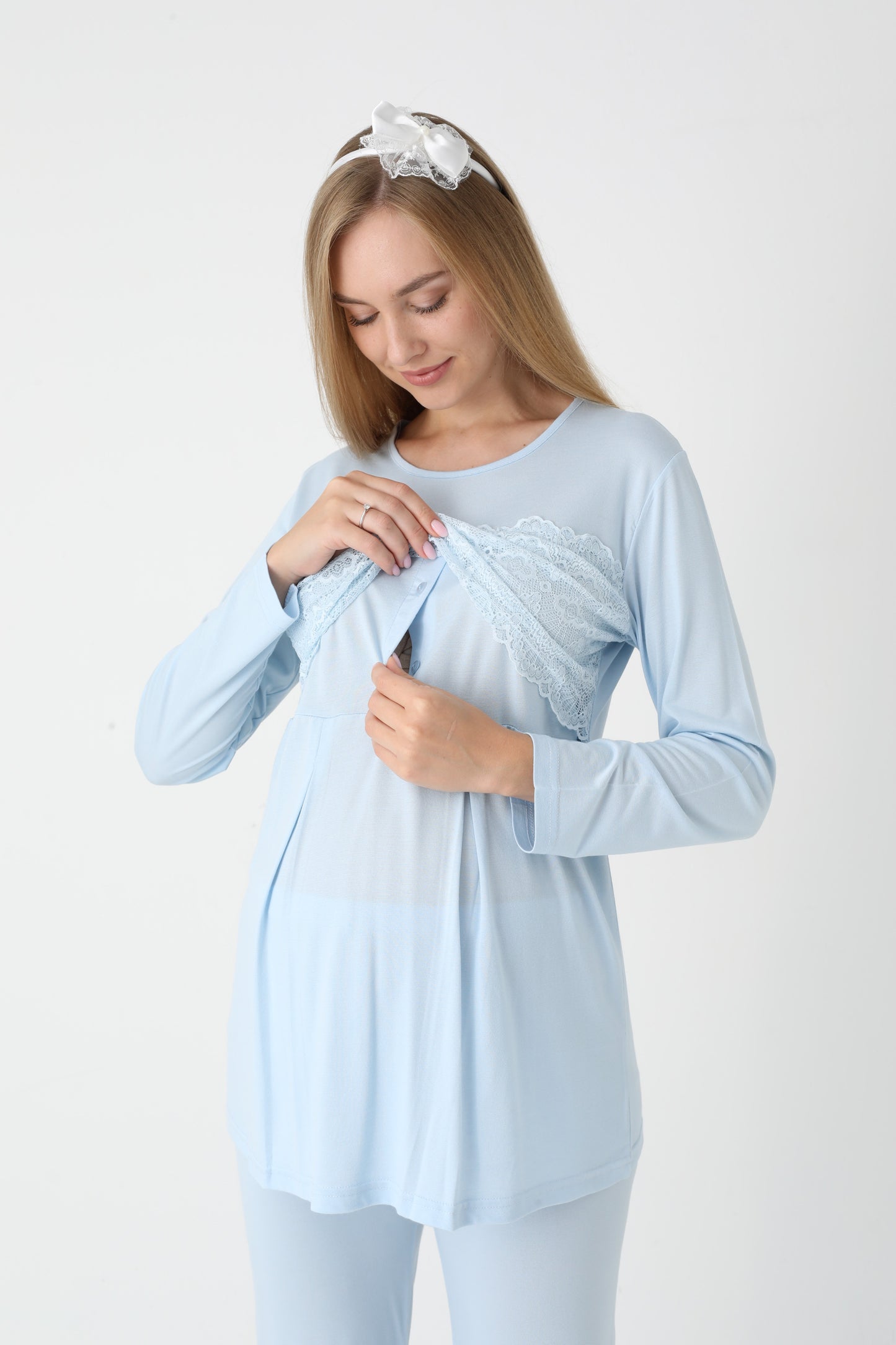 3’Lü Pijama Takımı - Dantel Kol Saten Şerit  Sabahlıklı Lohusa Hamile Takım - 3444