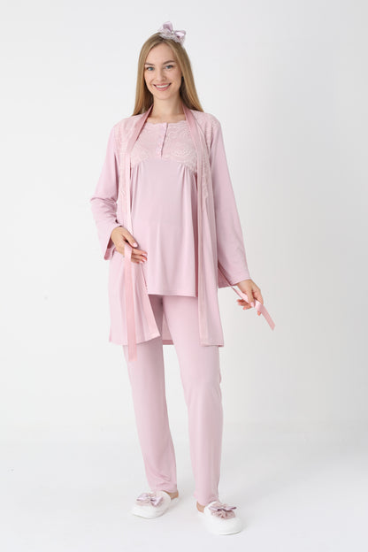 3’Lü Pijama Takımı - Dantel Detay Saten Şerit  Sabahlıklı Lohusa Hamile Takım - 3445