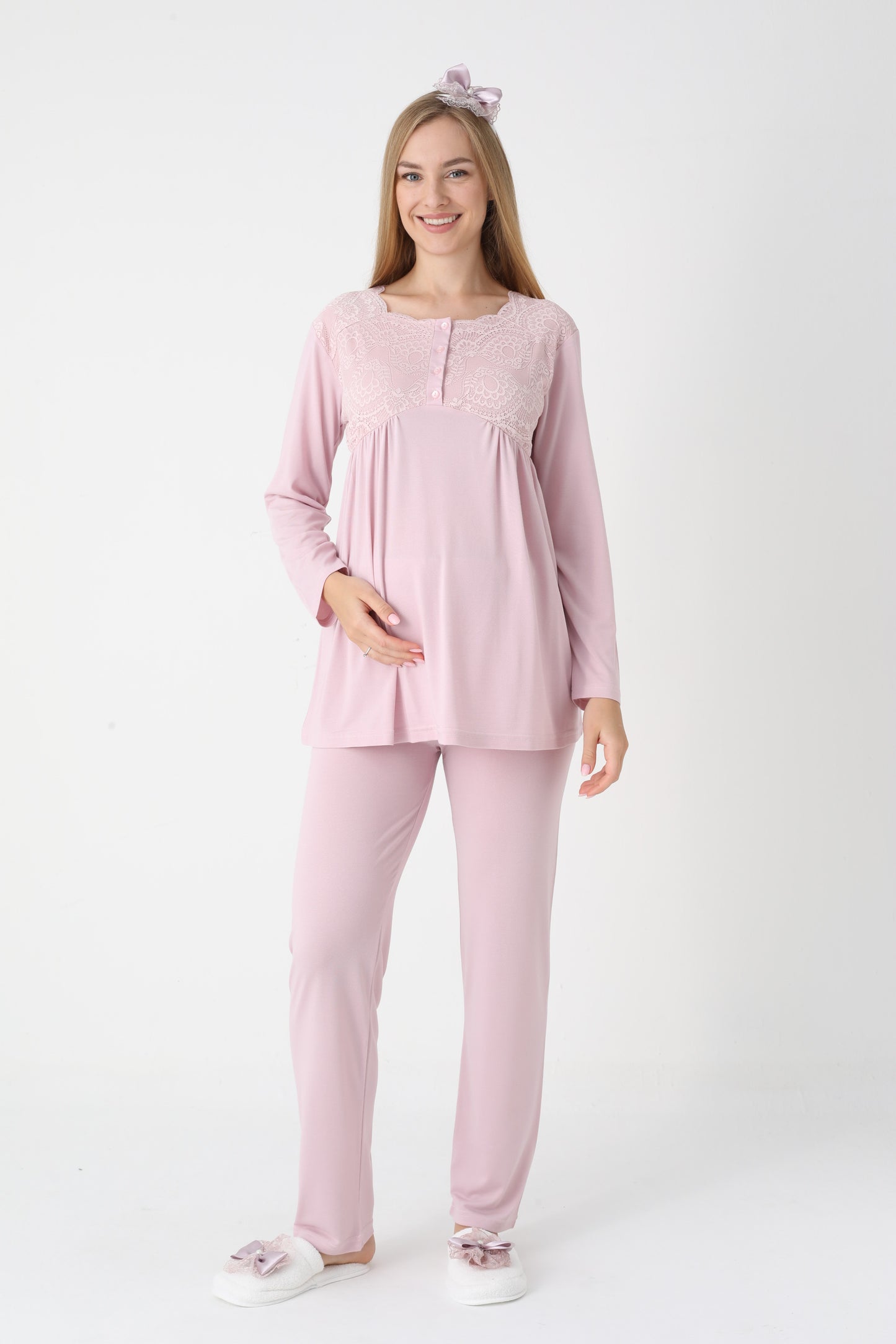 3’Lü Pijama Takımı - Dantel Detay Saten Şerit  Sabahlıklı Lohusa Hamile Takım - 3445