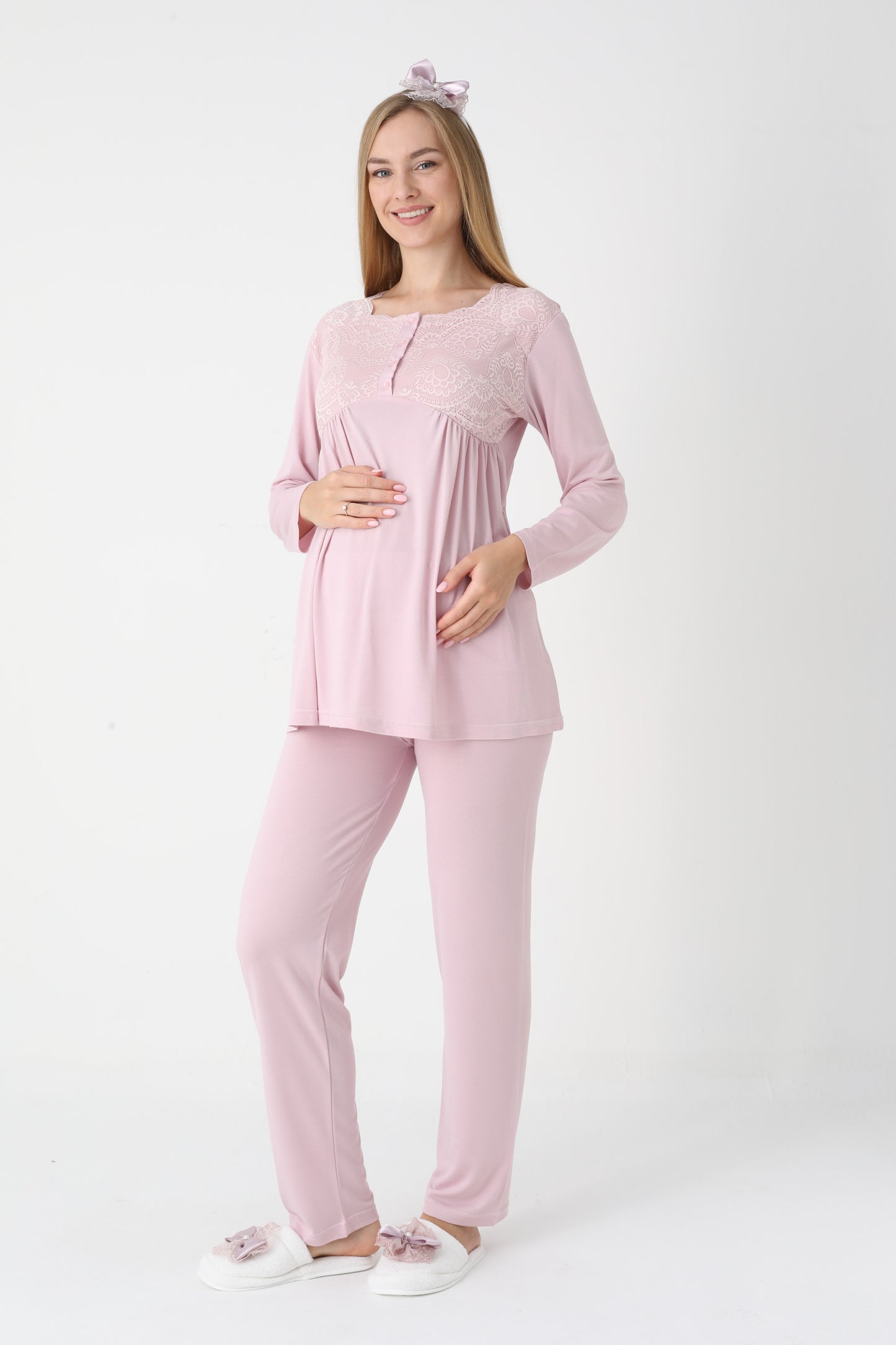 3’Lü Pijama Takımı - Dantel Detay Saten Şerit  Sabahlıklı Lohusa Hamile Takım - 3445