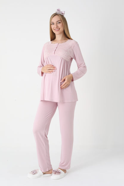 3’Lü Pijama Takımı - Dantel Detay Saten Şerit  Sabahlıklı Lohusa Hamile Takım - 3445