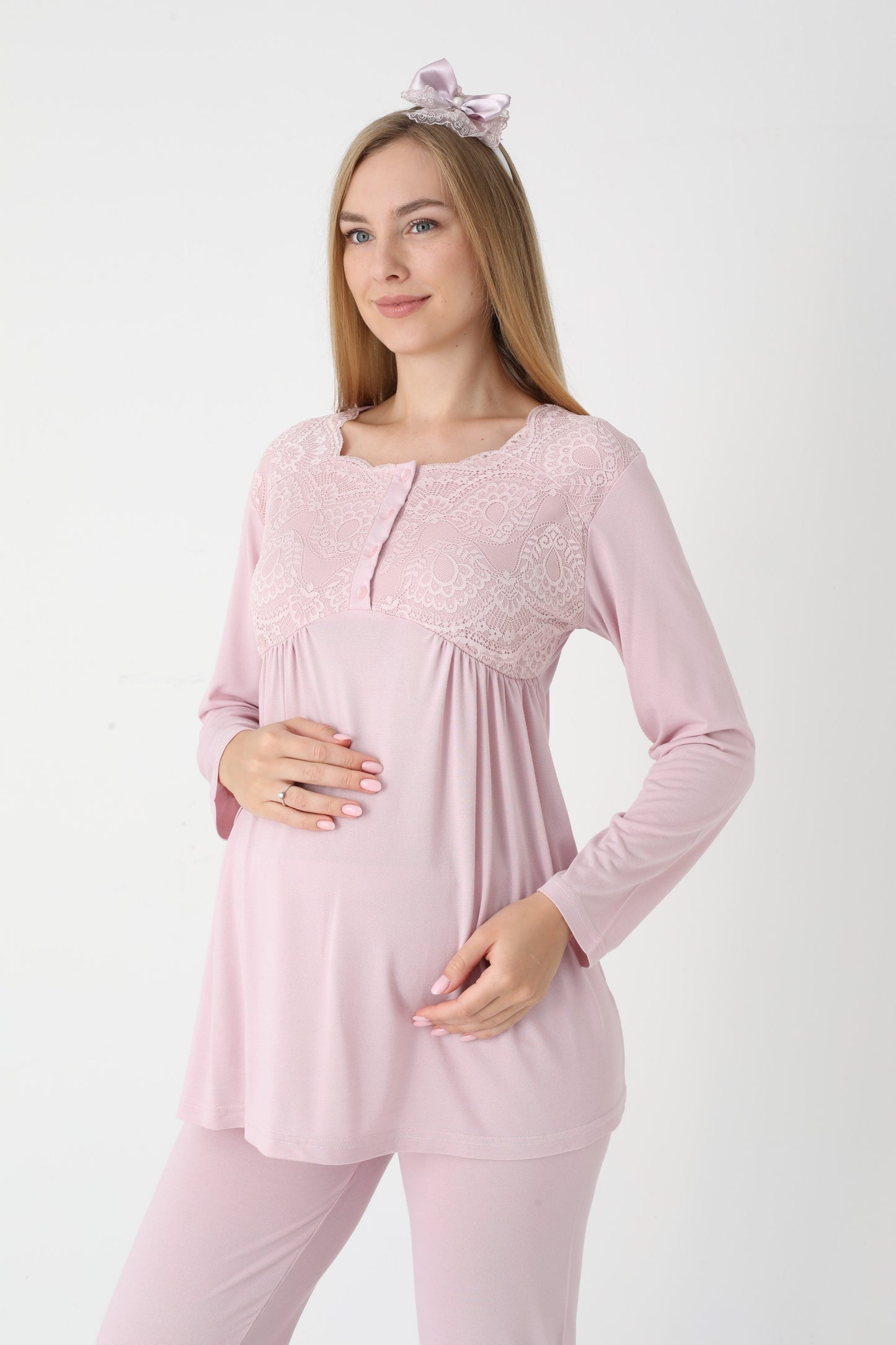 3’Lü Pijama Takımı - Dantel Detay Saten Şerit  Sabahlıklı Lohusa Hamile Takım - 3445