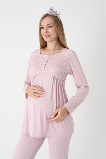 3’Lü Pijama Takımı - Dantel Detay Saten Şerit  Sabahlıklı Lohusa Hamile Takım - 3445