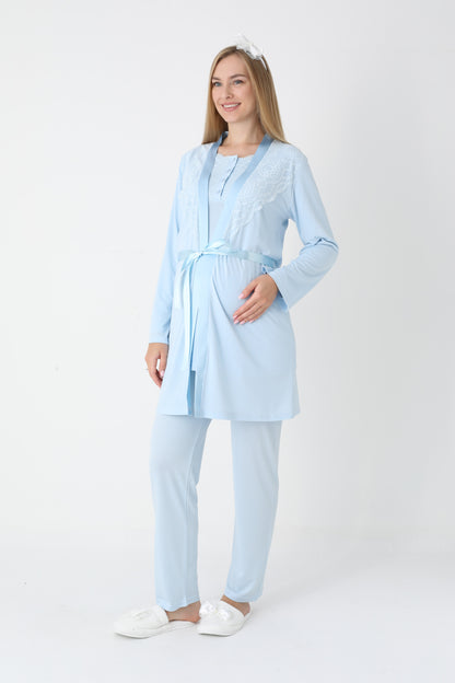 3’Lü Pijama Takımı - Dantel Detay Saten Şerit  Sabahlıklı Lohusa Hamile Takım - 3445
