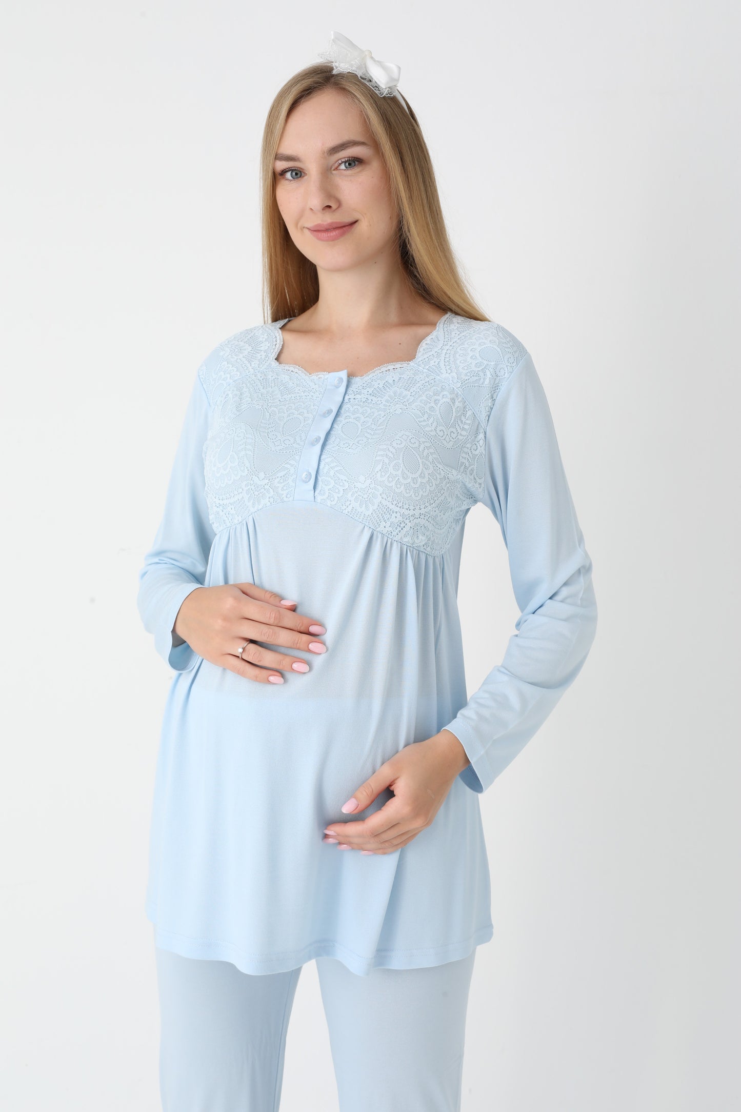 3’Lü Pijama Takımı - Dantel Detay Saten Şerit  Sabahlıklı Lohusa Hamile Takım - 3445