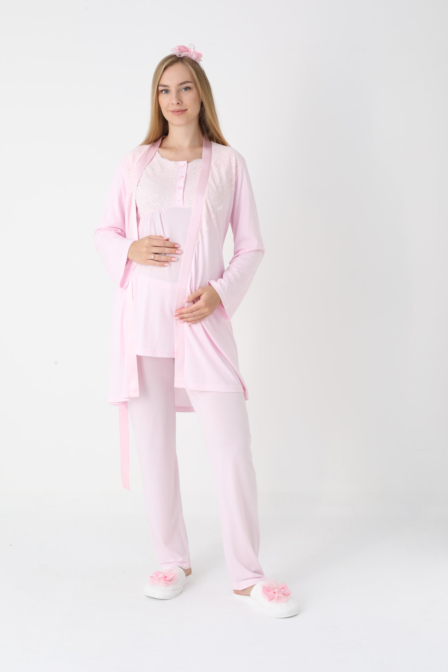 3’Lü Pijama Takımı - Dantel Detay Saten Şerit  Sabahlıklı Lohusa Hamile Takım - 3445