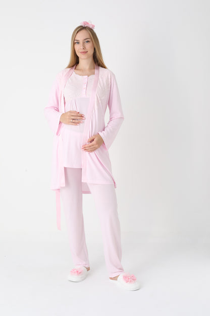 3’Lü Pijama Takımı - Dantel Detay Saten Şerit  Sabahlıklı Lohusa Hamile Takım - 3445