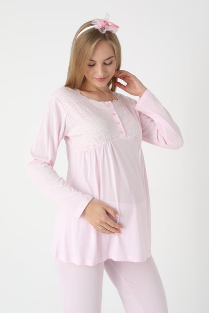 3’Lü Pijama Takımı - Dantel Detay Saten Şerit  Sabahlıklı Lohusa Hamile Takım - 3445