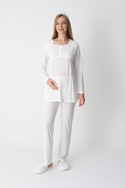 3’Lü Pijama Takımı - Dantel Detay Saten Şerit  Sabahlıklı Lohusa Hamile Takım - 3445