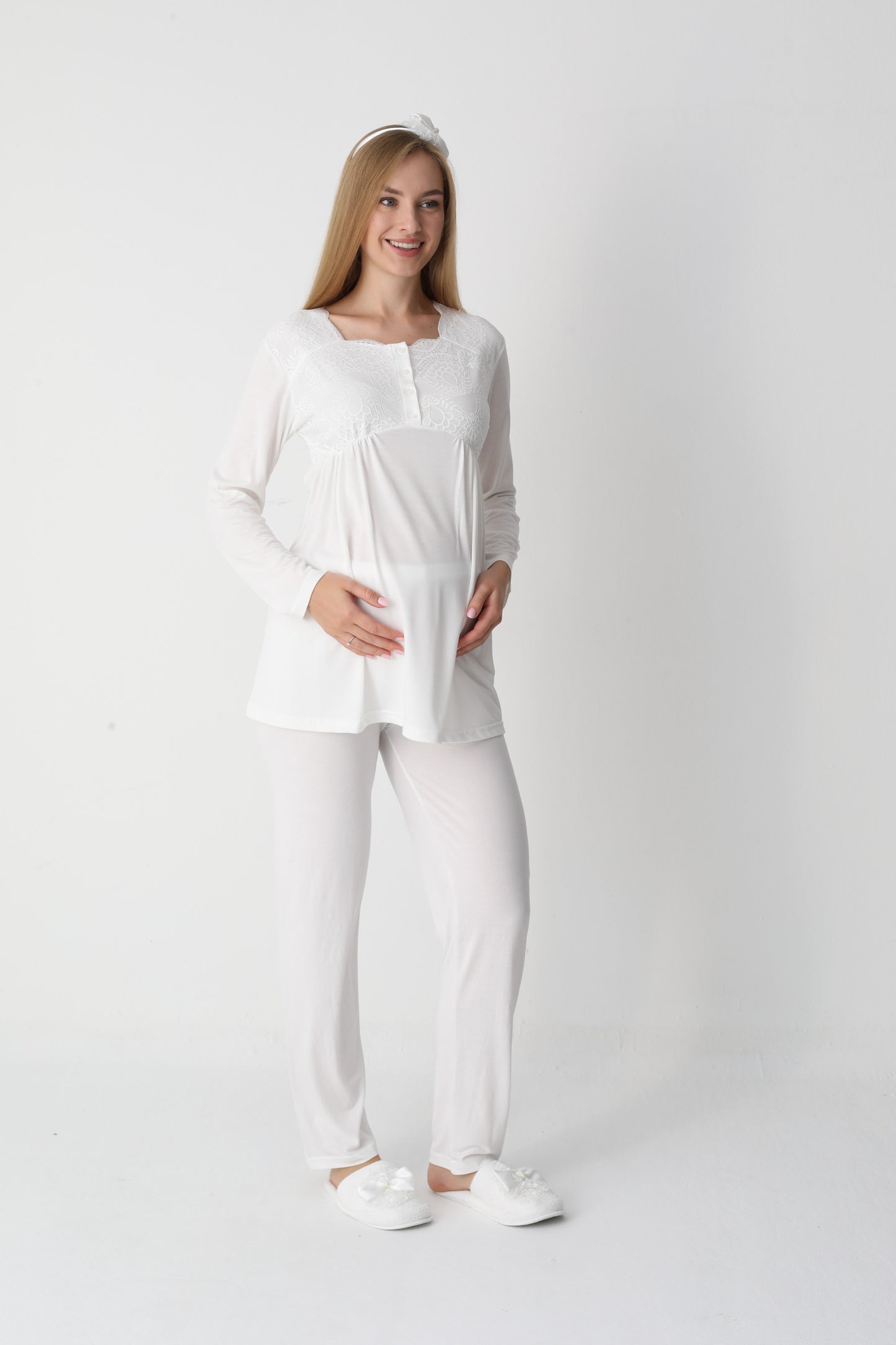 3’Lü Pijama Takımı - Dantel Detay Saten Şerit  Sabahlıklı Lohusa Hamile Takım - 3445